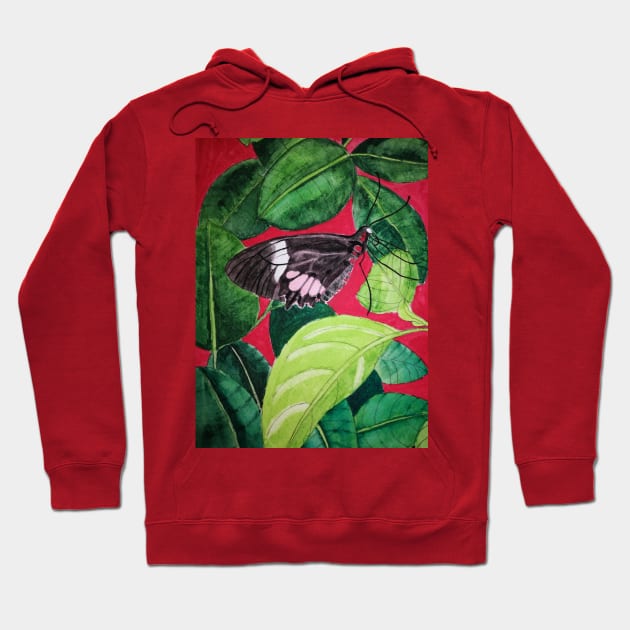 Black and pink butterfly watercolour painting with leaves against a bright red background Hoodie by esvb